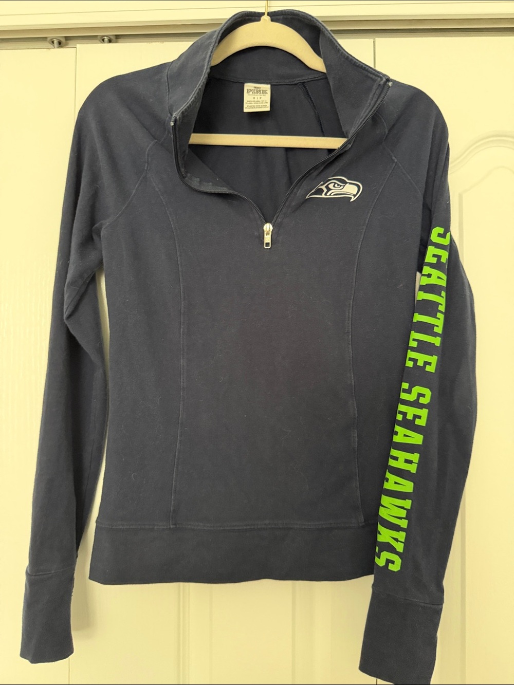 PINK NFL Seattle Seahawks Navy Half-Zip Pullover with Neon Green Sleeve Text
